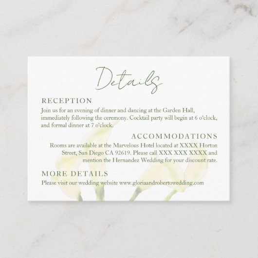 Mexican Wedding Calla Lily Romantic Boda Details Begleitkarte (Vorderseite)