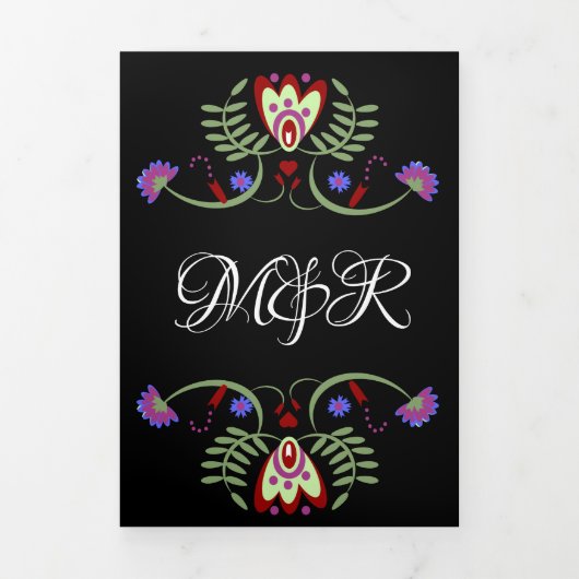 Mexican Wedding Folk Florals Hearts Dreifach Gefaltete Urlaubskarte (Cover)