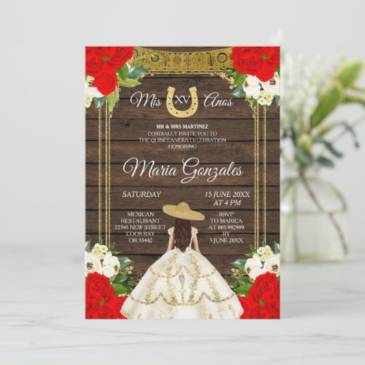 Mexican Wood Ivory Charro Mis XV Anos Einladung (Stehend Vorderseite)