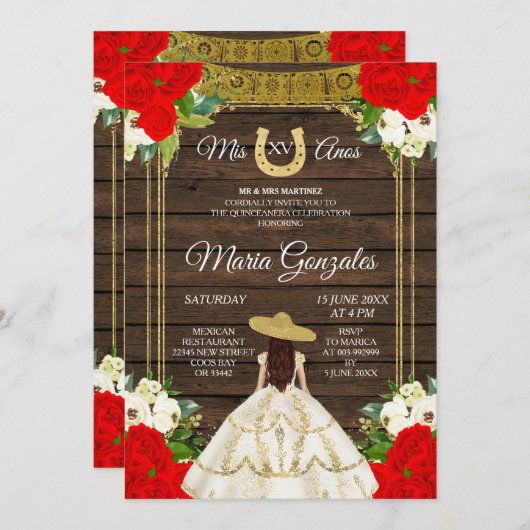 Mexican Wood Ivory Charro Mis XV Anos Einladung (Vorne/Hinten)