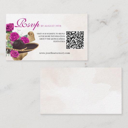 Mexicana Mariachi Charra Magenta Rose Quinceanera Begleitkarte (Vorne/Hinten)