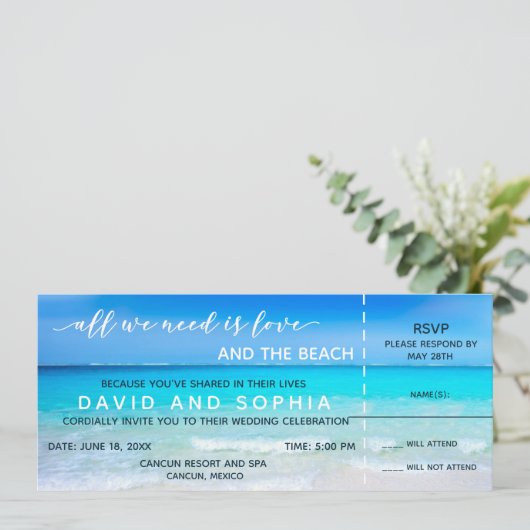Mexico Beach Boarding Pass Wedding RSVP Einladung (Stehend Vorderseite)