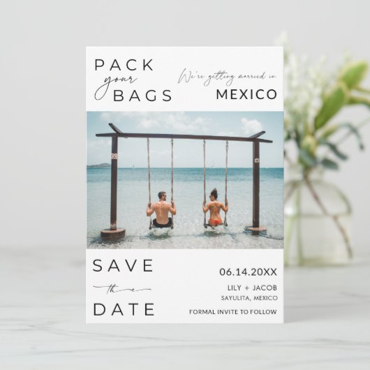 Mexico Beach Destination Foto Wedding Save The Date (Stehend Vorderseite)
