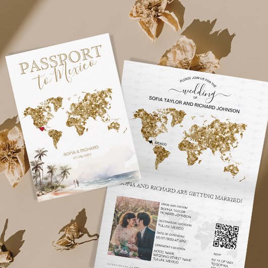 Mexico Beach Hochzeit in Urlaubsort Passport QR Co Einladung