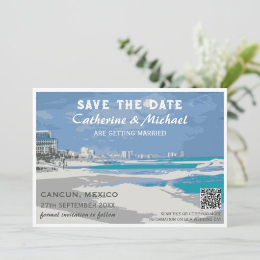 Mexico Beach Hochzeitsreisepandal QR-Code Save The Date (Stehend Vorderseite)