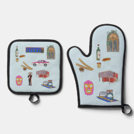 Mexico City Aquarell Oven Mitt & Pot Holder Set
