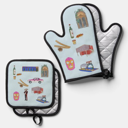 Mexico City Aquarell Oven Mitt & Pot Holder Set (Vorderseite/Rückseite)