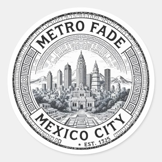 Mexico City Skyline with Aztec Motif in Monochrome Runder Aufkleber (Vorderseite)