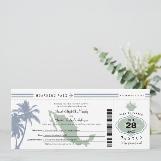 Mexico Palm Tree Agave Boarding Wedding Einladung (Stehend Vorderseite)