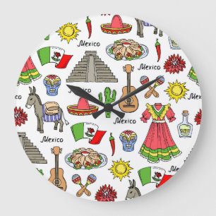 Mexico   Symbols Pattern Große Wanduhr