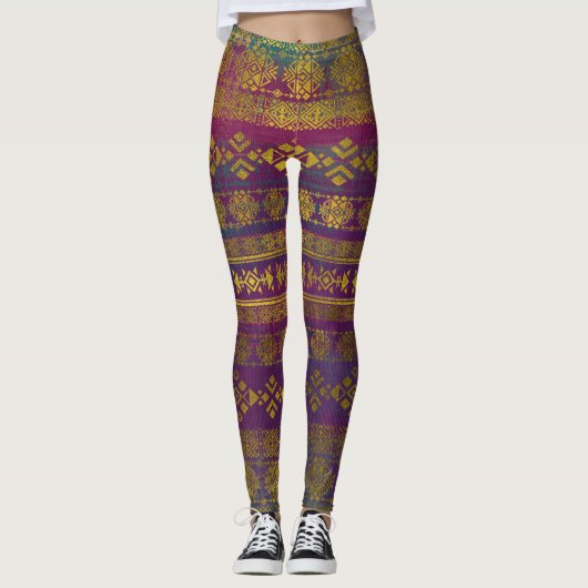 Mexikaner-/Tribal-Artmuster - Gold auf Vintager PU Leggings (Vorderseite)