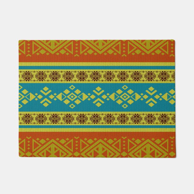 Mexikaner-/Tribal-Artmuster - Orange und Blau Fußmatte (Vorderseite)