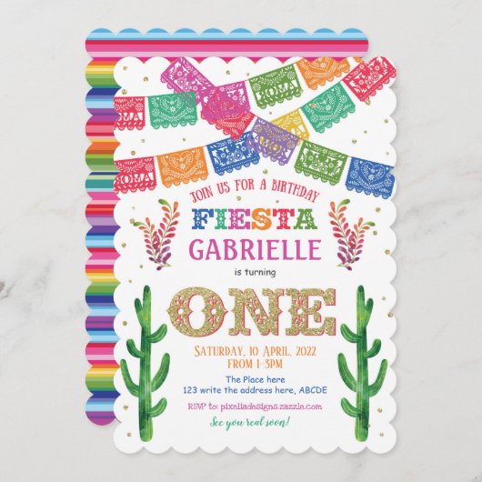 Mexikanerin, Fiesta zum ersten Geburtstag, Mädchen Einladung (Vorne/Hinten)