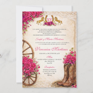 Mexikanisch Rosa Florales Mädchen Quinceañera West Einladung