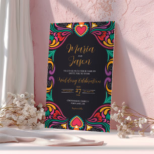 Mexikanisch Schwarze Flora farbenfrohe Fiesta Boda Einladung