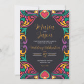 Mexikanisch Schwarze Flora farbenfrohe Fiesta Boda Einladung (Vorderseite)