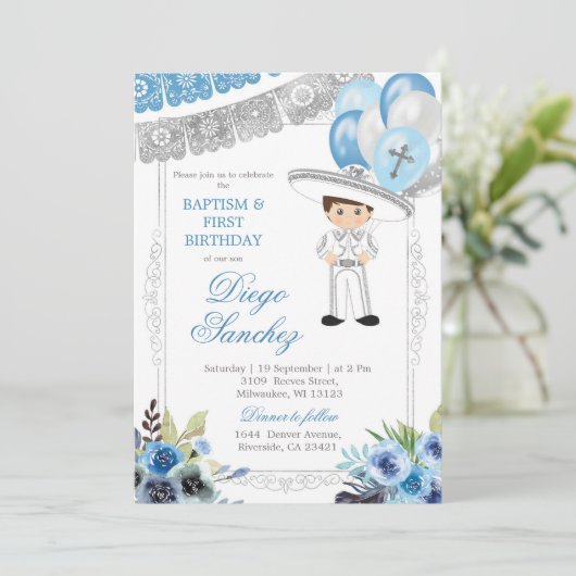 Mexikanische Blauer Silbertaufe und Dritter Geburt Einladung (Stehend Vorderseite)