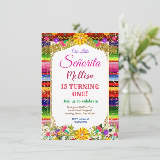 Mexikanische Blume Gold Glitzer Girl Fiesta Geburt Einladung (Stehend Vorderseite)