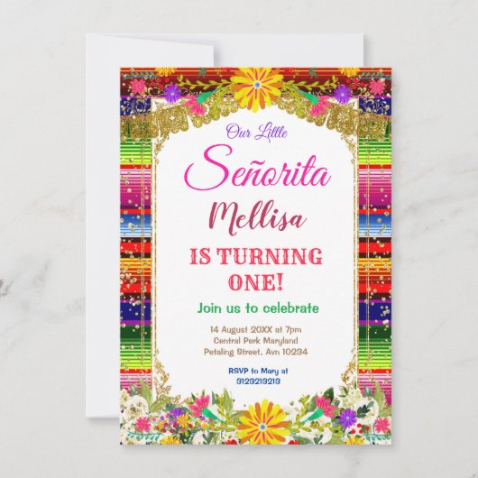 Mexikanische Blume Gold Glitzer Girl Fiesta Geburt Einladung (Vorderseite)