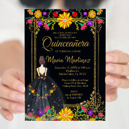 Mexikanische Blume mit Gold Black Quinceñera Einladung