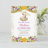Mexikanische Blume mit Gold Glitzer Geburtstag Einladung (Stehend Vorderseite)