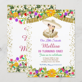 Mexikanische Blume mit Gold Glitzer Geburtstag Einladung