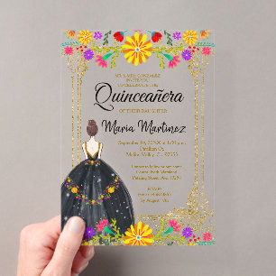 Mexikanische Blumen mit Gold Schwarze Quinceañera Acryleinladungen