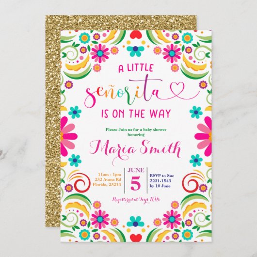 mexikanische Blumenfiesta Kinderdusche Einladung (Vorne/Hinten)