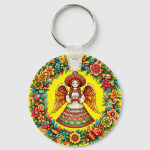 Mexikanische Engel Mädchen Blumen Kranz Kunst Illu Schlüsselanhänger