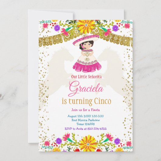 Mexikanische farbenfrohe Blume mit Gold Glitzer Einladung (Vorderseite)