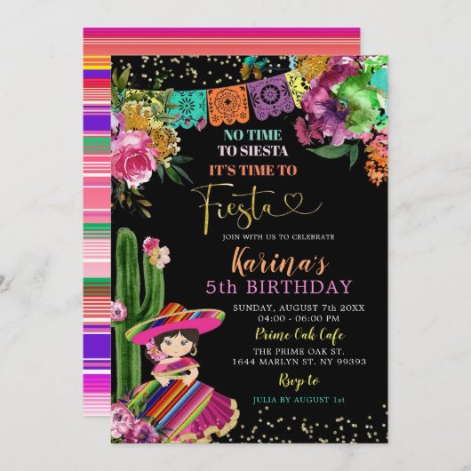 Mexikanische farbenfrohe Fiesta Floral 5. Geburtst Einladung (Vorne/Hinten)