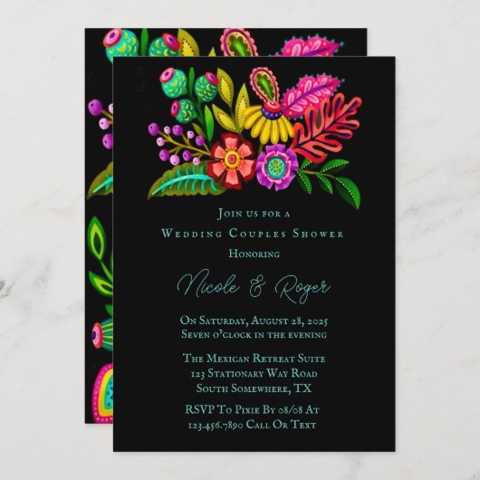 Mexikanische farbenfrohe Flora Hochzeitsdusche Einladung (Vorne/Hinten)