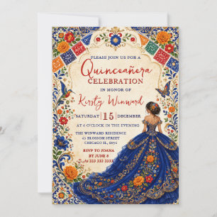 Mexikanische Fiesta Blaue Blumen Quinceanera Gold Einladung