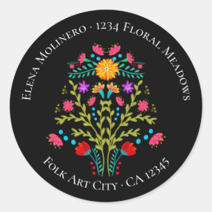 Mexikanische Fiesta-Blumen-Adresse in Schwarz Runder Aufkleber
