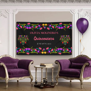 Mexikanische Fiesta-Blumen Schwarze Quinceanera-Ge Banner