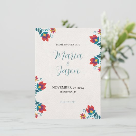 Mexikanische Fiesta Elegante farbenfrohe Blumenhoc Save The Date (Stehend Vorderseite)