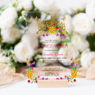 Mexikanische Fiesta Floral Gold Tiara Quinceanera Acryleinladungen