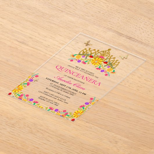 Mexikanische Fiesta Floral Gold Tiara Quinceanera Acryleinladungen (Ablage )