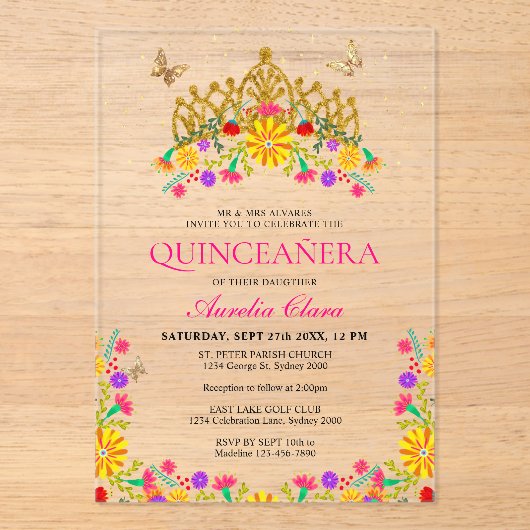 Mexikanische Fiesta Floral Gold Tiara Quinceanera Acryleinladungen (Vorderseite)