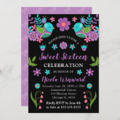 Mexikanische Fiesta Floral und Black 16 . Geburtst Einladung (Vorne/Hinten)