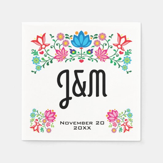 Mexikanische Fiesta Folk Art Floral Initialen Hoch Serviette (Vorderseite)