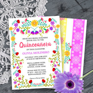 Mexikanische Fiesta Folk Art Floral Quinceanera Einladung