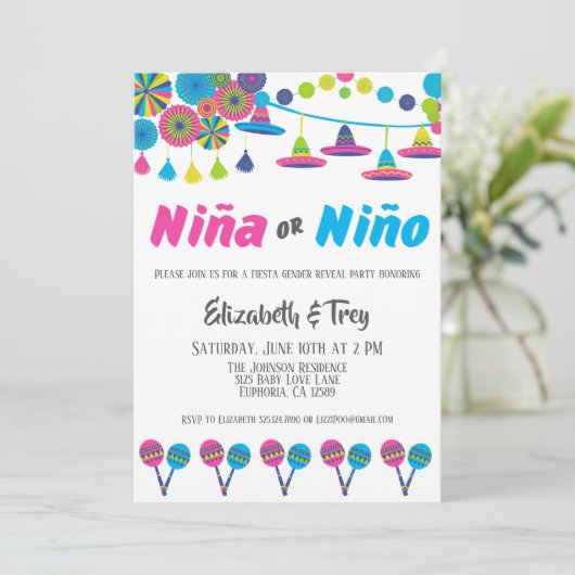 mexikanische Fiesta Gender Reveal Niña oder Niño Einladung (Stehend Vorderseite)
