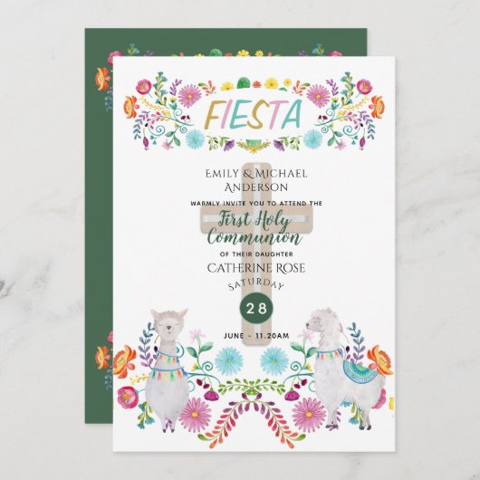 Mexikanische Fiesta HOLY COMMUNION Folk Blume Llam Einladung (Vorne/Hinten)