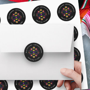 Mexikanische Fiesta Party Blume Schwarze Adresse Runder Aufkleber