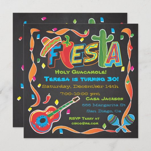 Mexikanische Fiesta-Party Einladung an der Tafel (Vorne/Hinten)