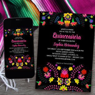 Mexikanische Fiesta-Party-Folk-Art-Blumen Quincean Einladung