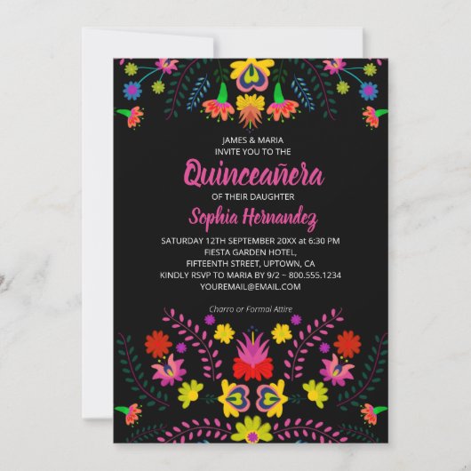 Mexikanische Fiesta Party Folk Blume Quinceanera Einladung (Vorderseite)