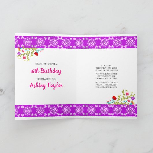 Mexikanische Fiesta Schwarz-Rosa Sweet 16 Einladung (Innenseite)