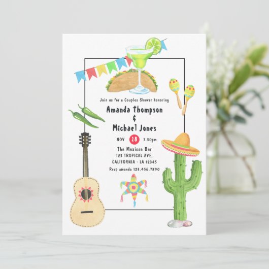 Mexikanische Fiesta Taco und Tequila Paare Dusche Einladung (Stehend Vorderseite)
